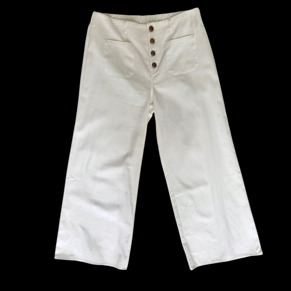NEW Sailor Style Pant Good Luck Gem White Cotton High Rise Wide Leg XL